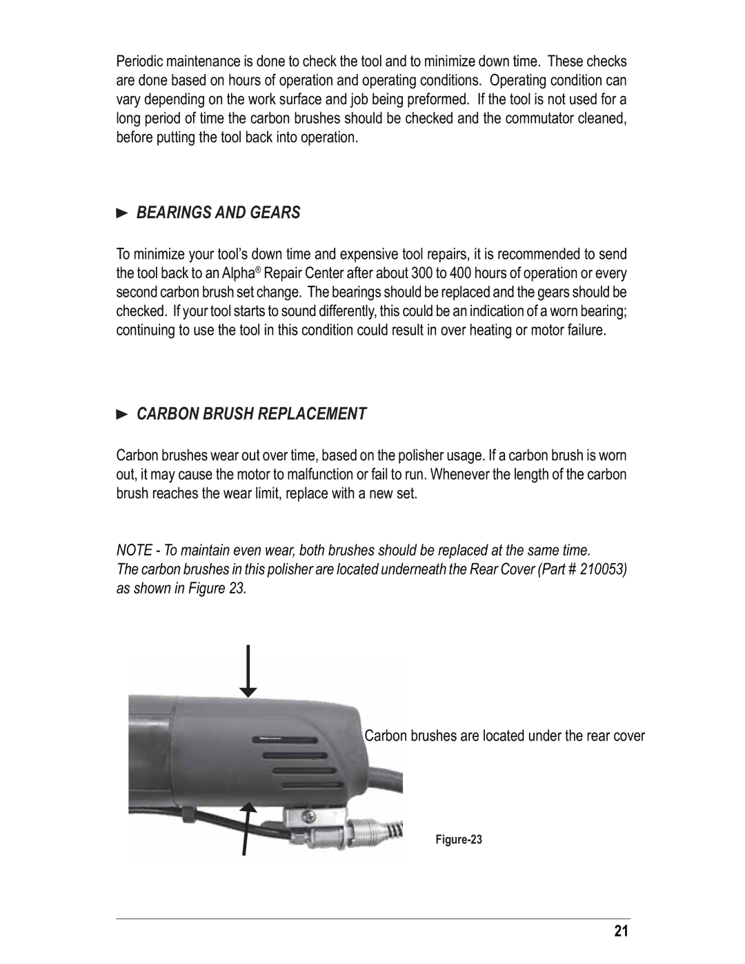 Alpha Tool.Com.HK Limited VSP-230 instruction manual Bearings and Gears, Carbon Brush Replacement 