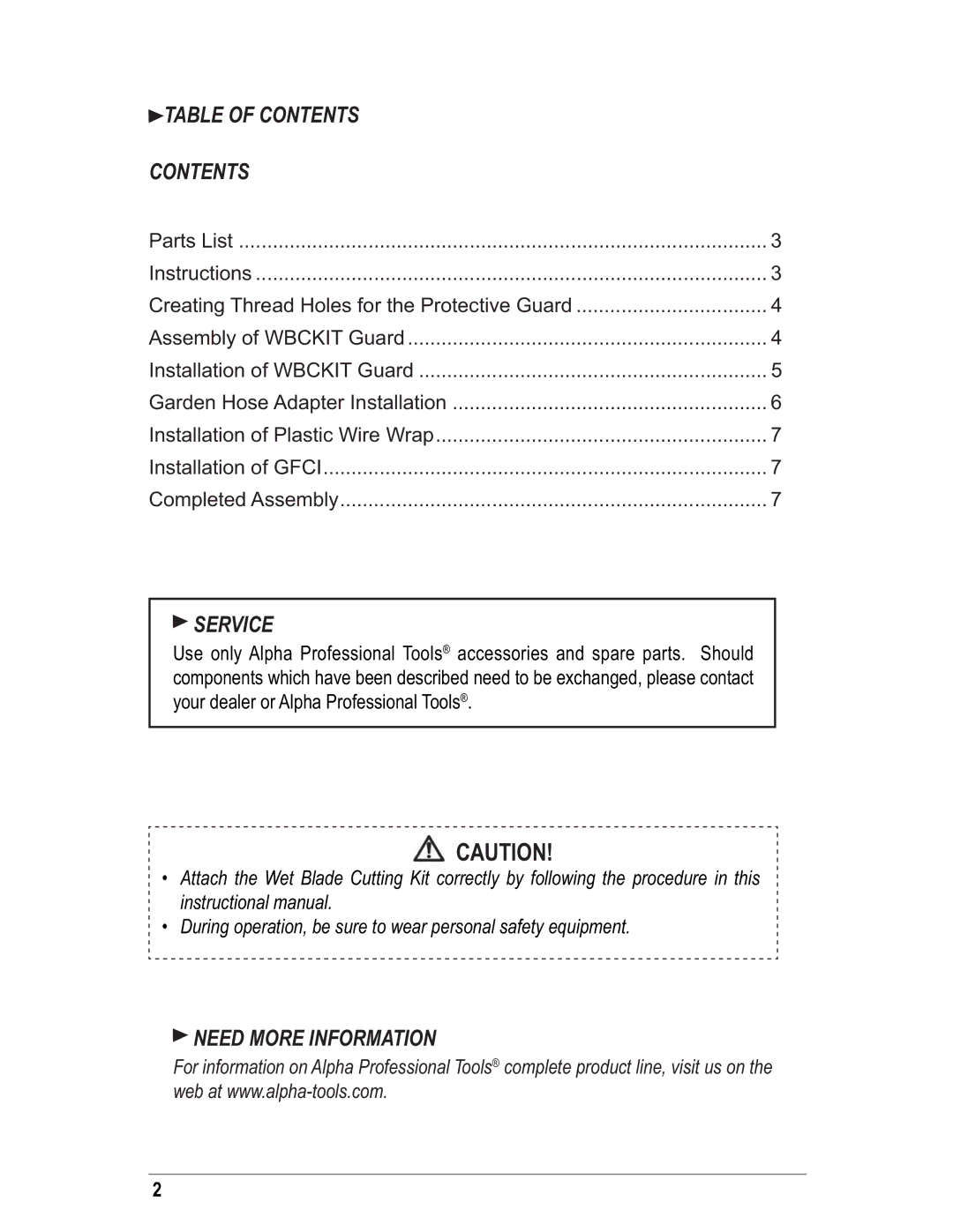 Alpha Tool.Com.HK Limited WBCKIT instruction manual Table of Contents, Service, Need More Information 