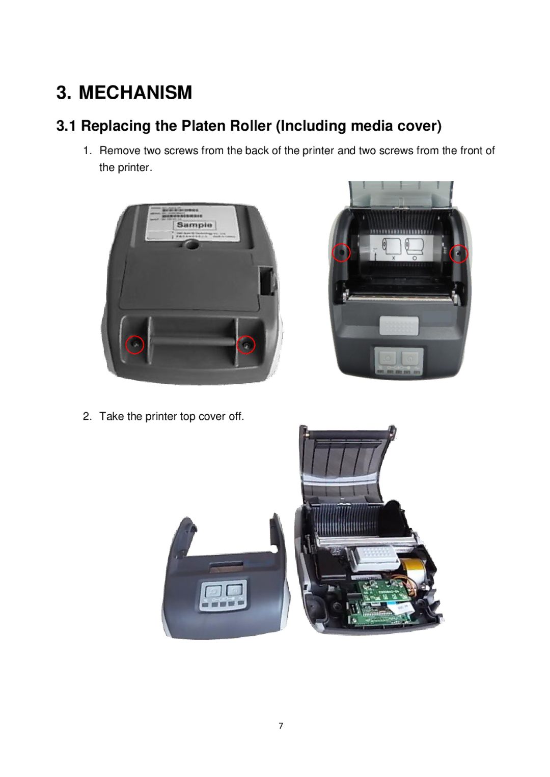 Alpha Vision Tech Alpha-3R service manual Mechanism, Replacing the Platen Roller Including media cover 