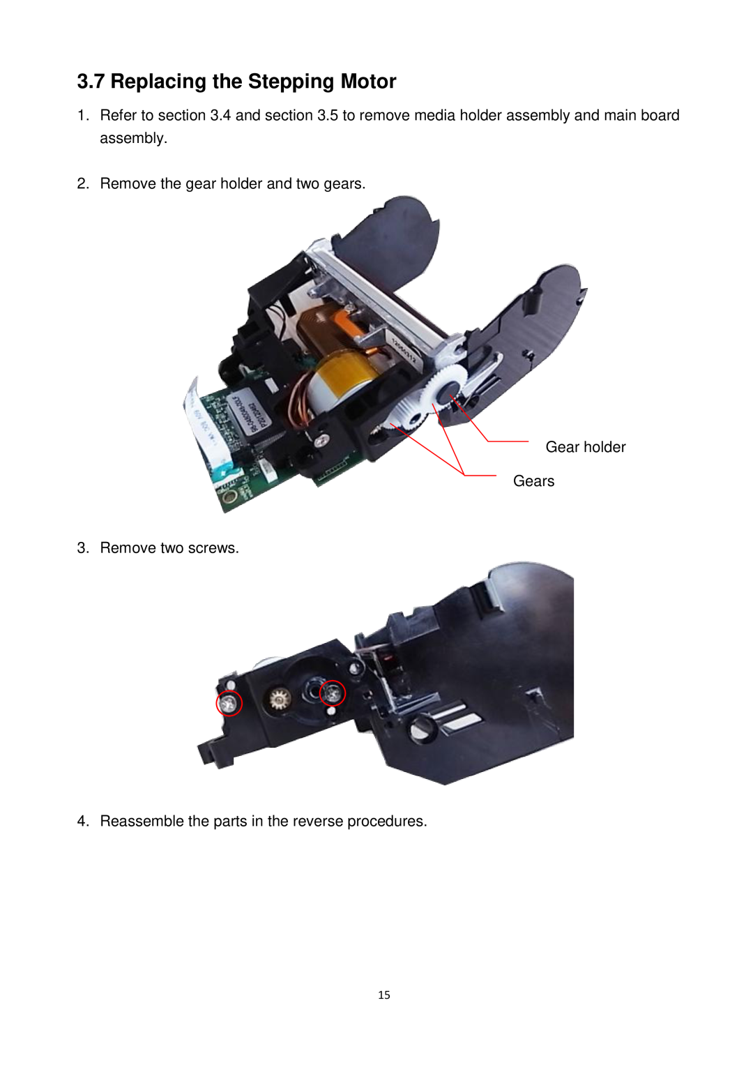 Alpha Vision Tech Alpha-3R service manual Replacing the Stepping Motor, Remove the gear holder and two gears 