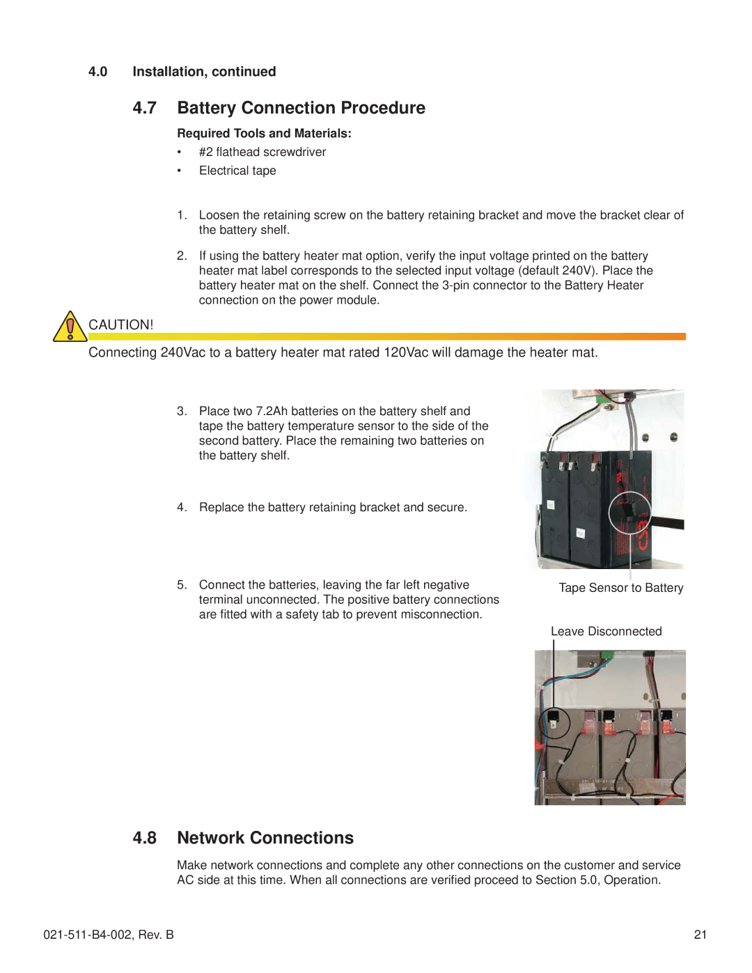 Alpha Vision Tech MPS48-7M technical manual Battery Connection Procedure, Network Connections 