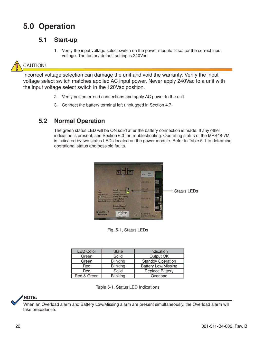 Alpha Vision Tech MPS48-7M technical manual Start-up, Normal Operation 