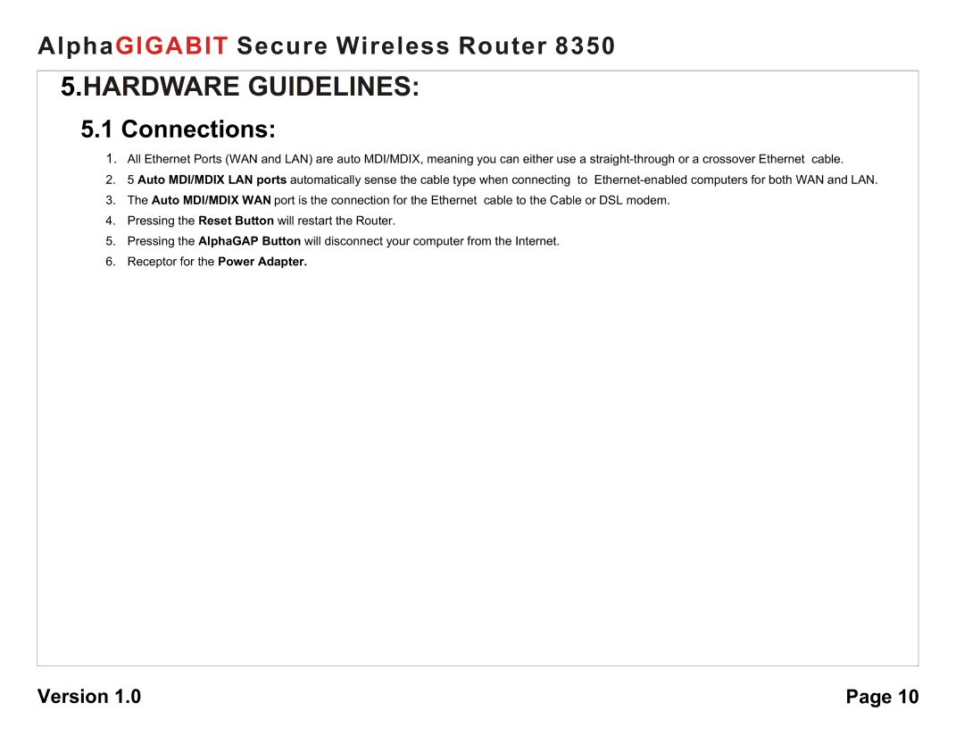 AlphaShield 8350 user manual Hardware Guidelines 