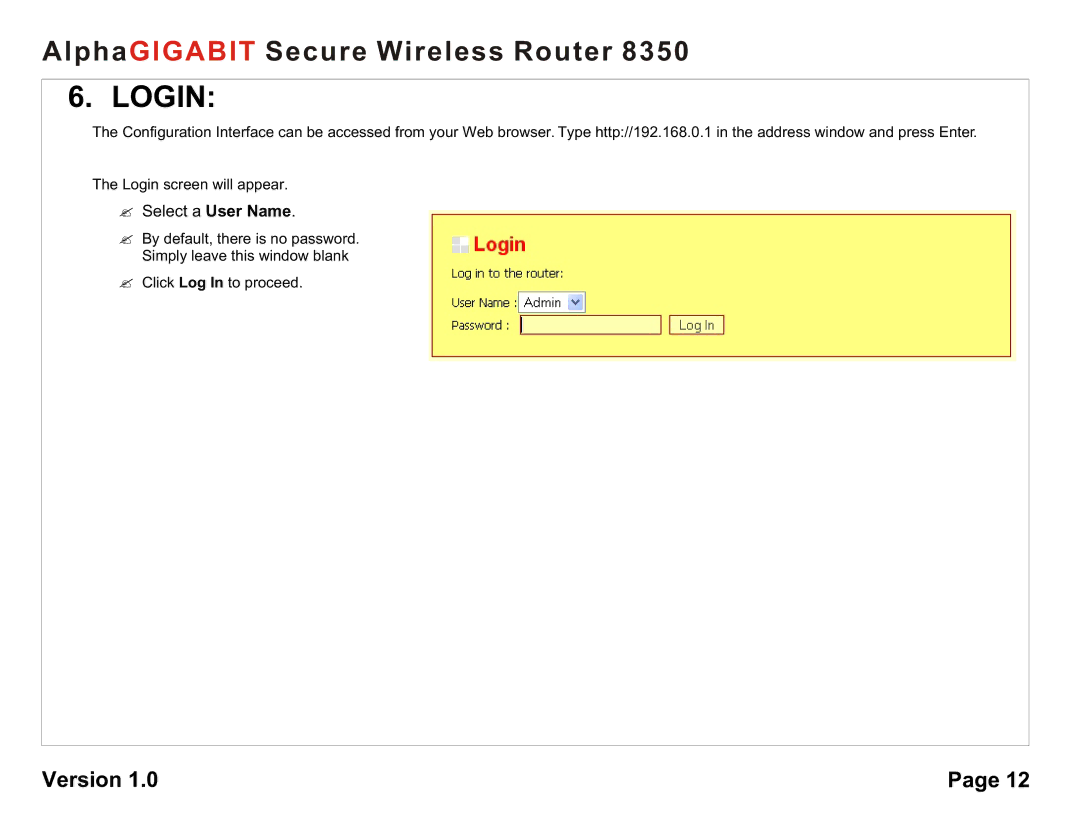 AlphaShield 8350 user manual Login, ? Select a User Name 