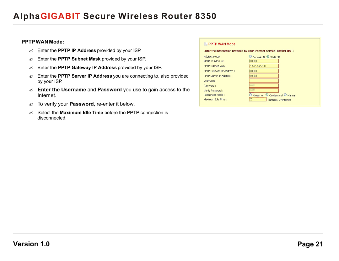 AlphaShield 8350 user manual Pptp WAN Mode 