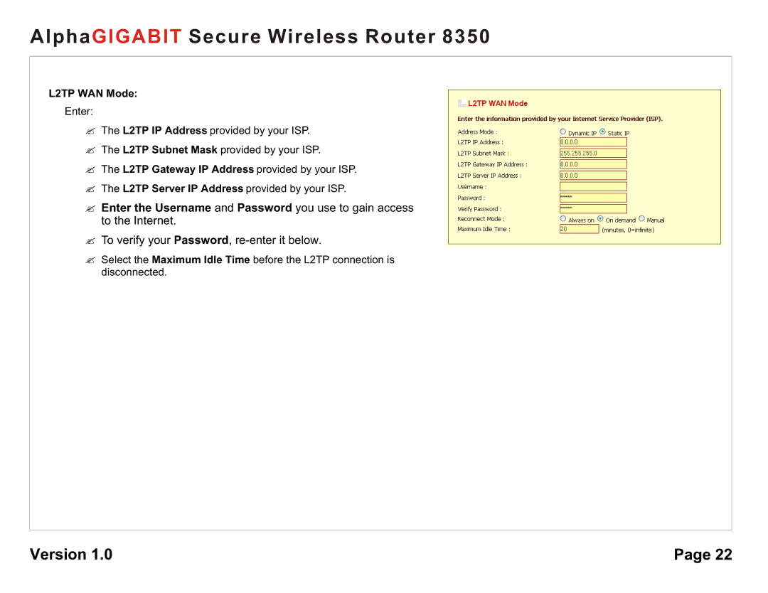 AlphaShield 8350 user manual L2TP WAN Mode 