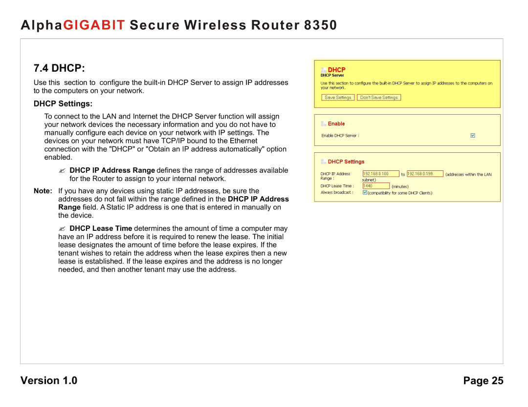 AlphaShield 8350 user manual Dhcp Settings 