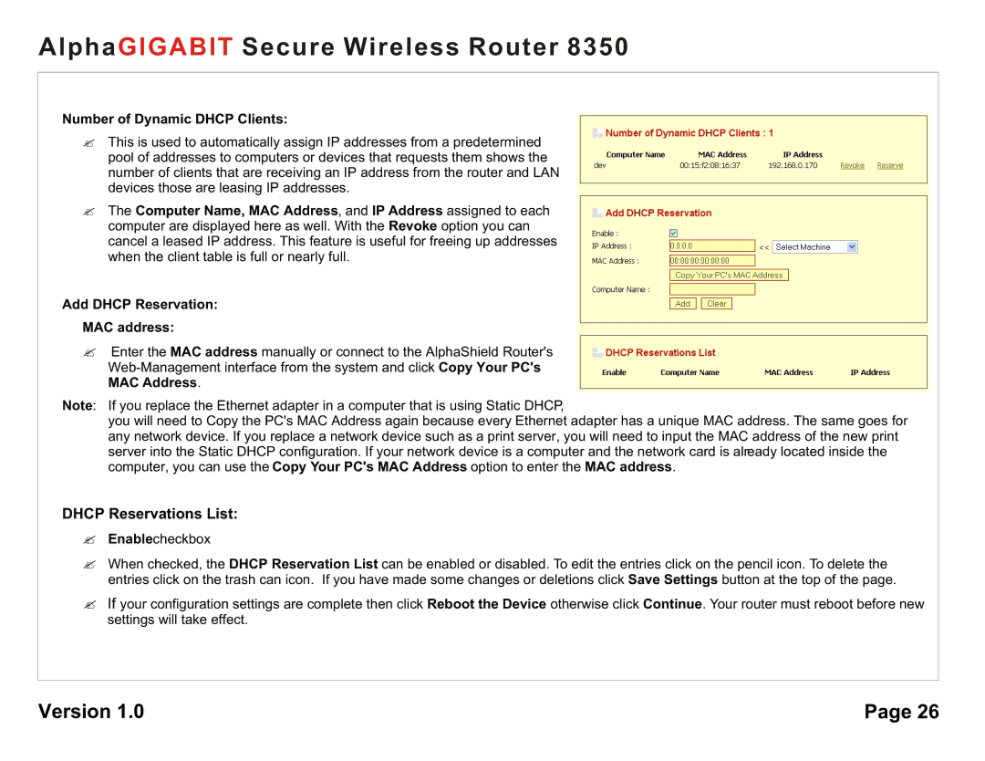 AlphaShield 8350 user manual Dhcp Reservations List, Number of Dynamic Dhcp Clients, Add Dhcp Reservation MAC address 