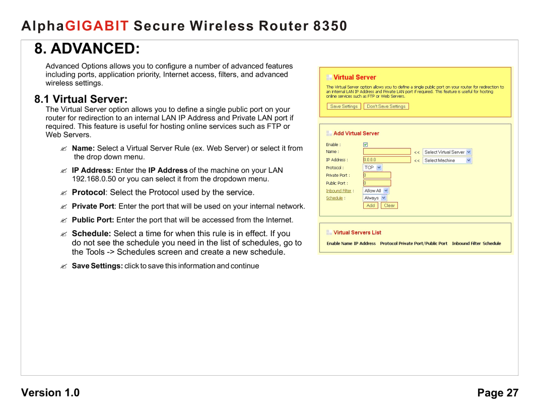 AlphaShield 8350 user manual Advanced, Virtual Server 