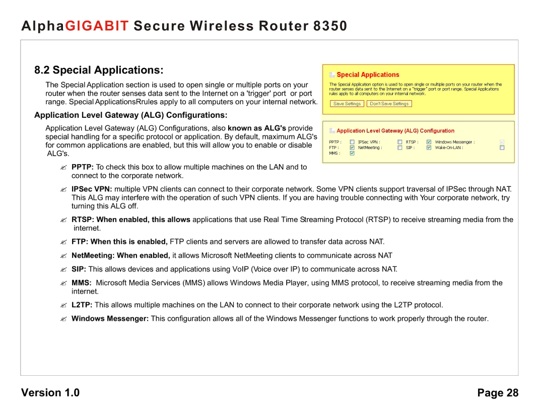 AlphaShield 8350 user manual Special Applications, Application Level Gateway ALG Configurations 