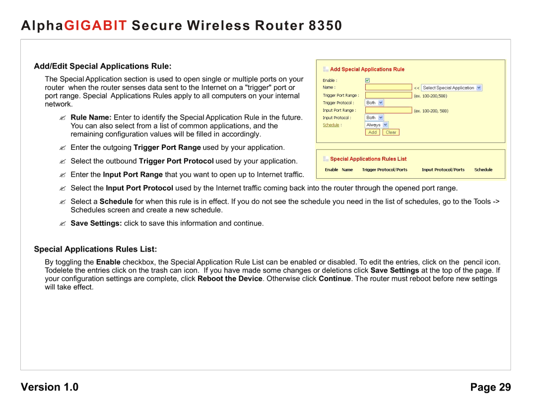 AlphaShield 8350 user manual Add/Edit Special Applications Rule, Special Applications Rules List 