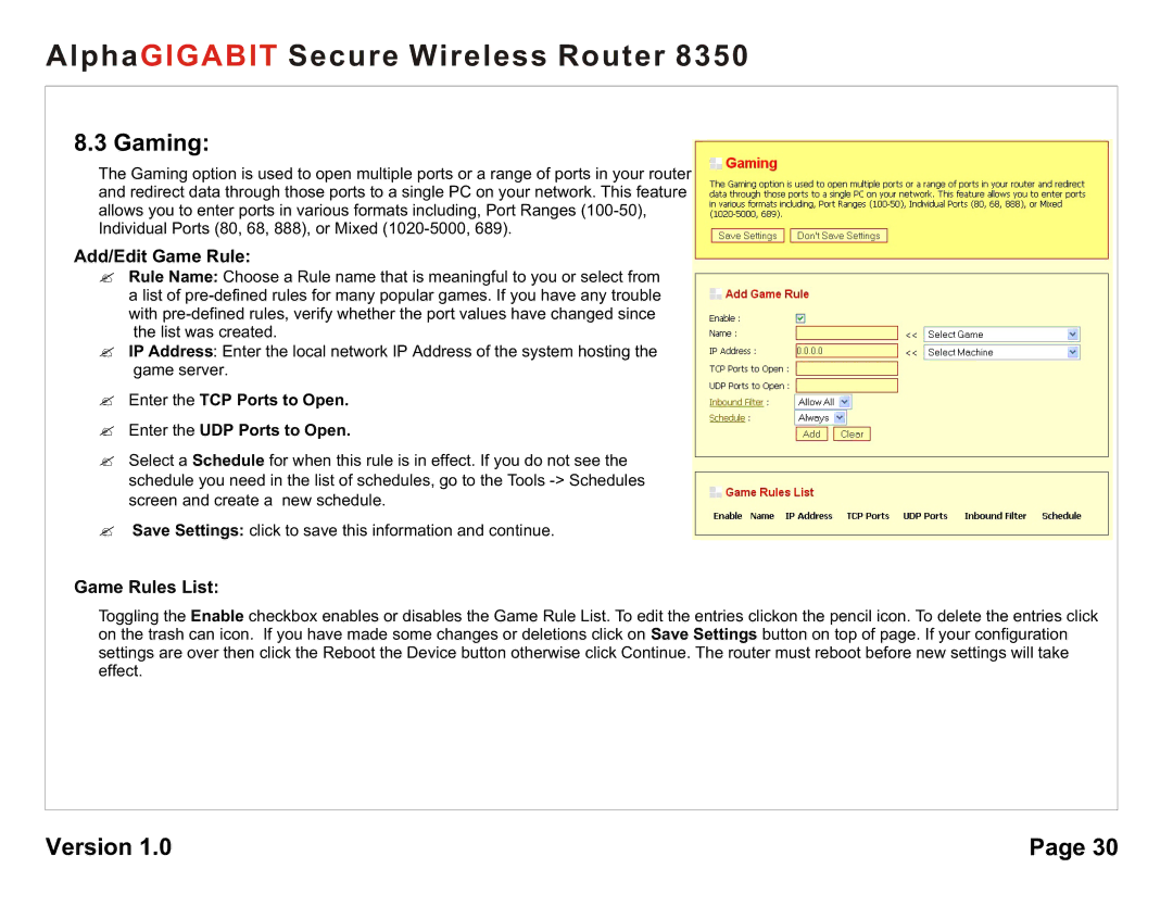 AlphaShield 8350 Gaming, Add/Edit Game Rule, Game Rules List, ? Enter the TCP Ports to Open ? Enter the UDP Ports to Open 