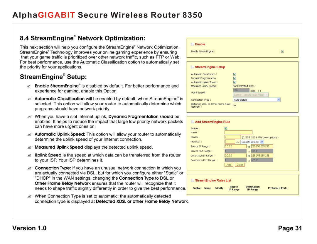 AlphaShield 8350 user manual StreamEngine Network Optimization, StreamEngine Setup 