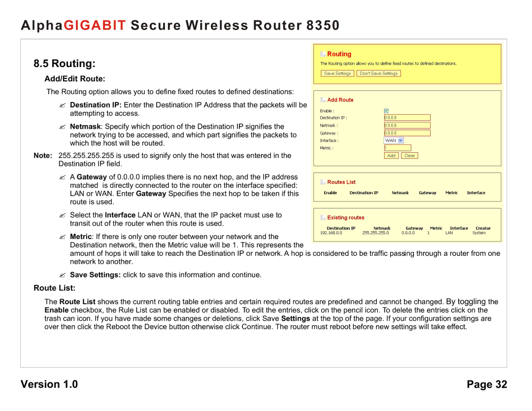 AlphaShield 8350 user manual Routing, Add/Edit Route, Route List 