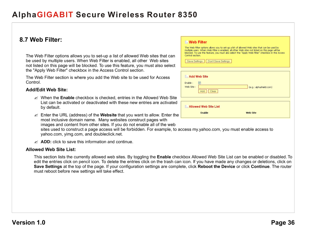 AlphaShield 8350 user manual Web Filter, Add/Edit Web Site, Allowed Web Site List 