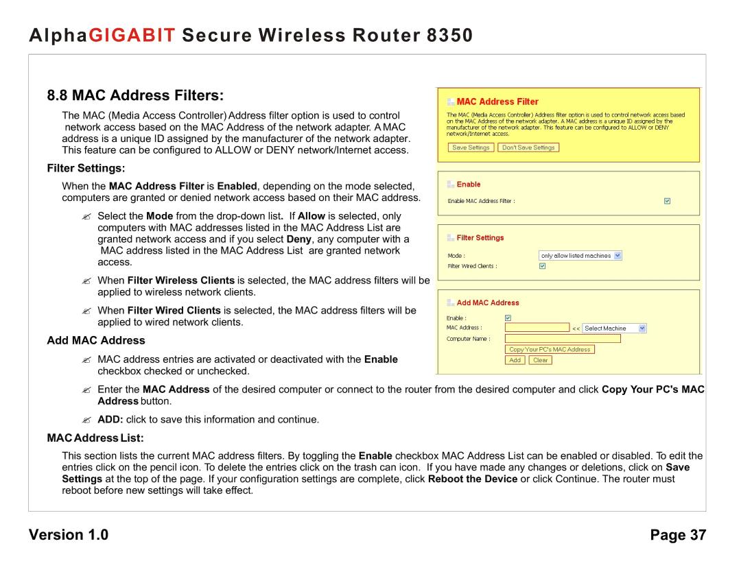 AlphaShield 8350 user manual MAC Address Filters, Filter Settings, Add MAC Address, MAC Address List 