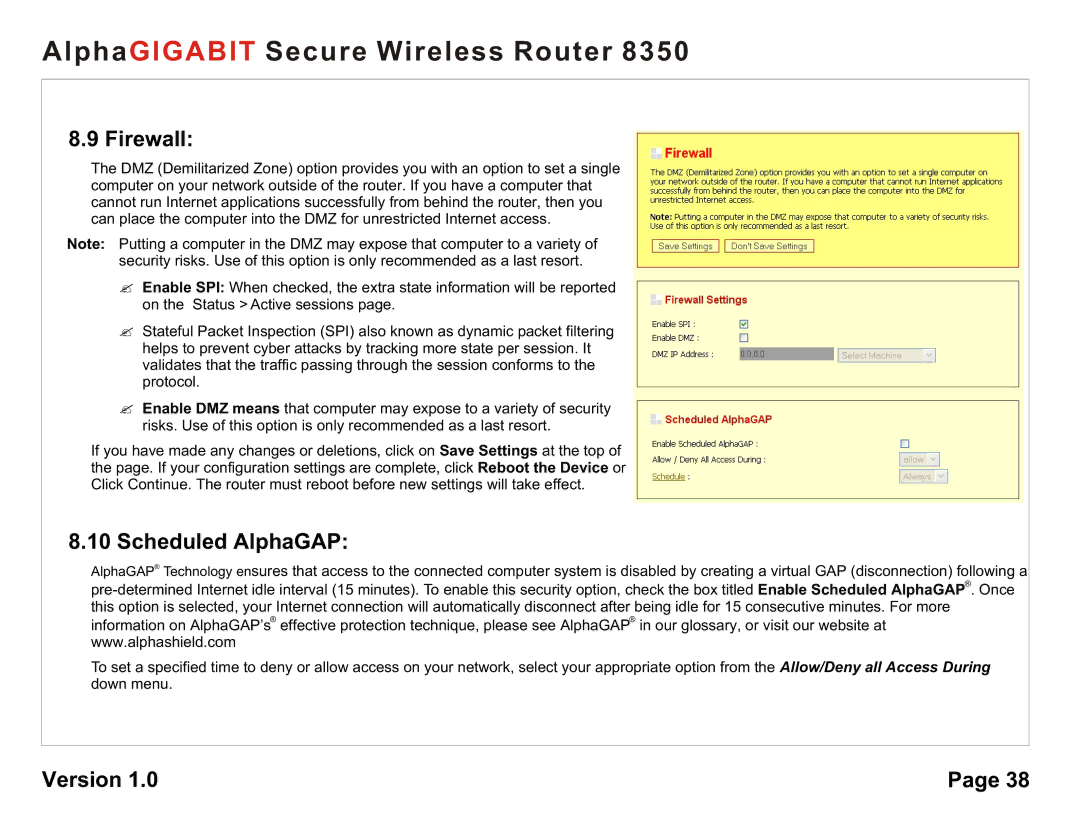 AlphaShield 8350 user manual Firewall, Scheduled AlphaGAP 