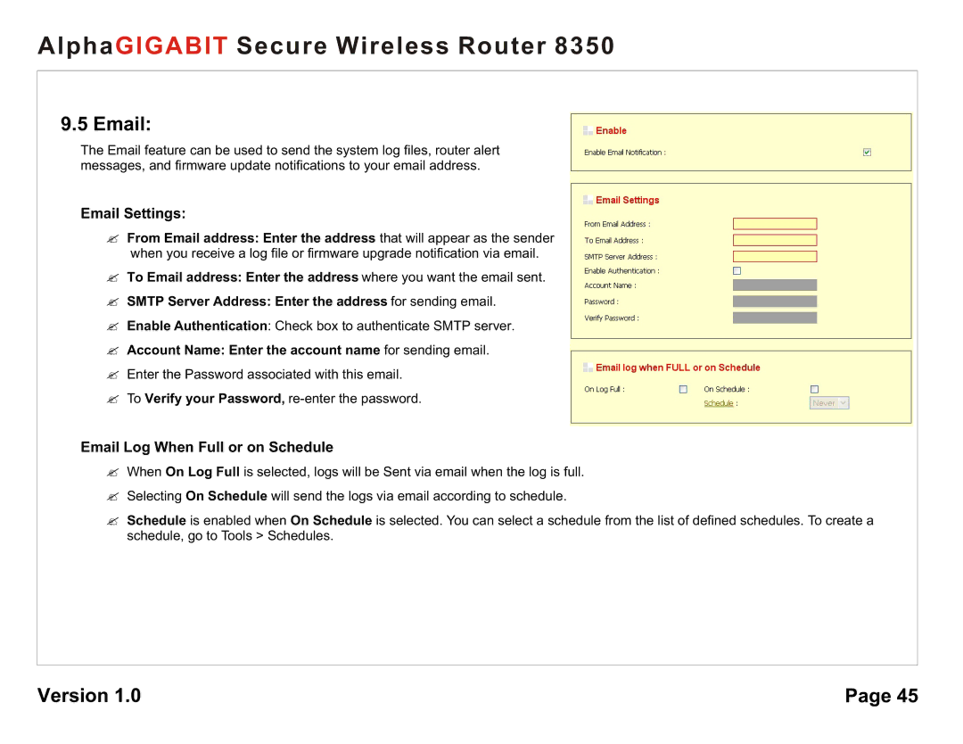 AlphaShield 8350 user manual Email Settings, Email Log When Full or on Schedule 