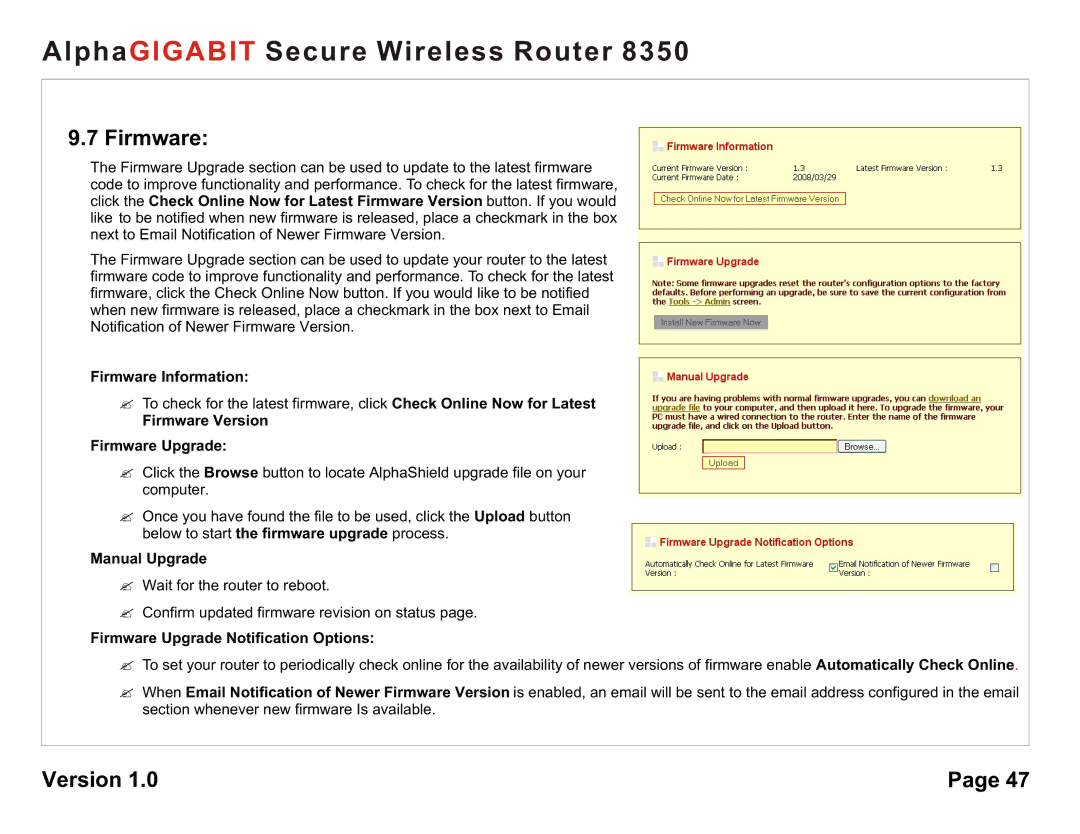 AlphaShield 8350 user manual Firmware Information, Firmware Version Firmware Upgrade, Manual Upgrade 