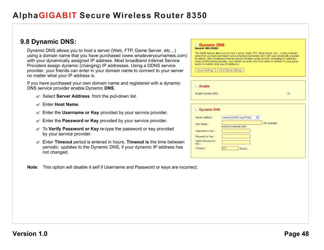 AlphaShield 8350 user manual Dynamic DNS, ? Enter Host Name 