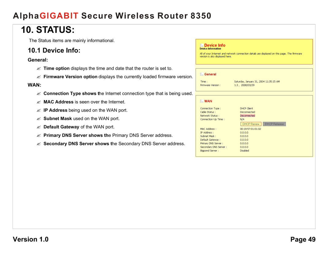 AlphaShield 8350 user manual Status, Device Info, General, ? Default Gateway of the WAN port 