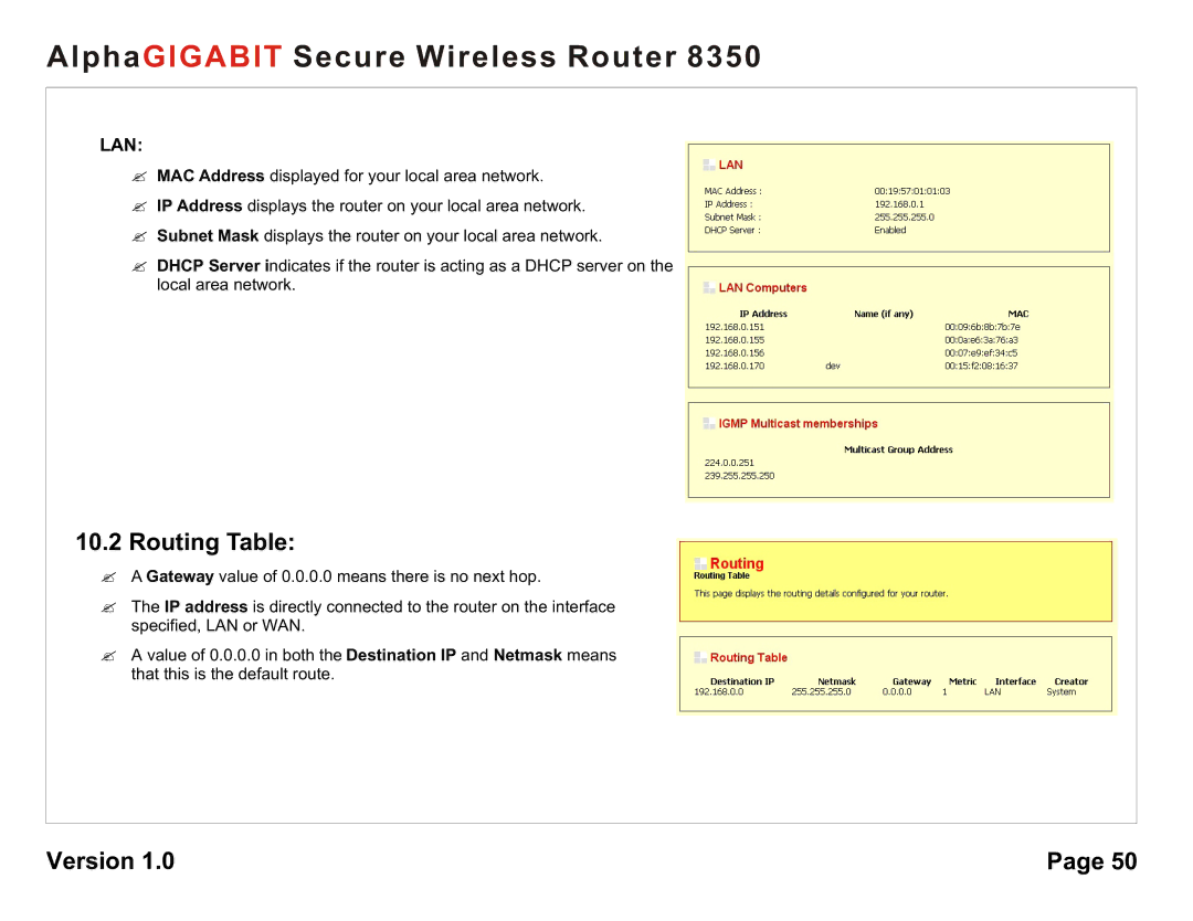 AlphaShield 8350 user manual Routing Table, Lan 