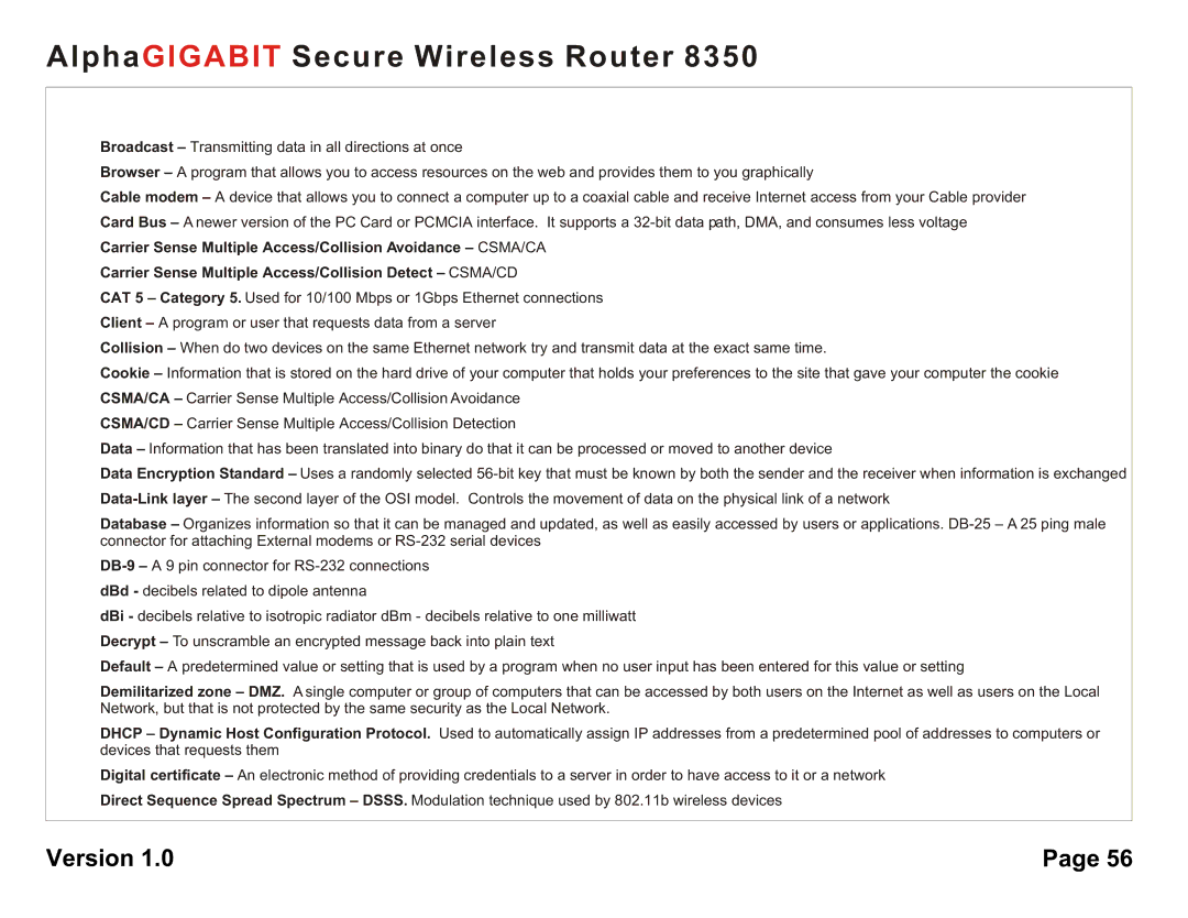 AlphaShield 8350 user manual Carrier Sense Multiple Access/Collision Detect CSMA/CD 