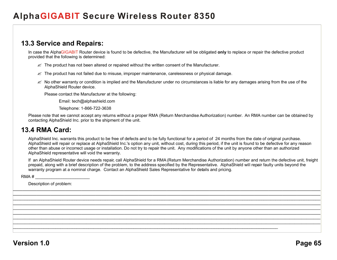 AlphaShield 8350 user manual Service and Repairs, RMA Card 