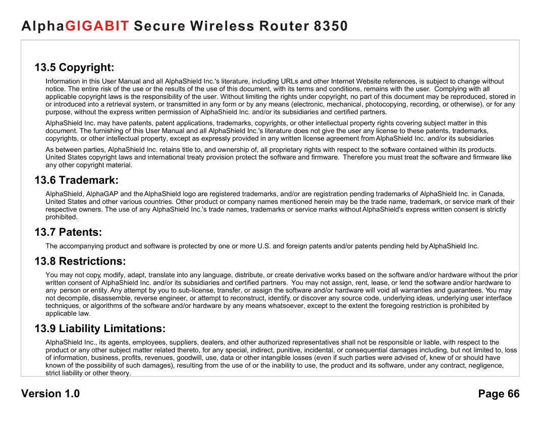 AlphaShield 8350 user manual Copyright, Trademark, Patents, Restrictions, Liability Limitations 