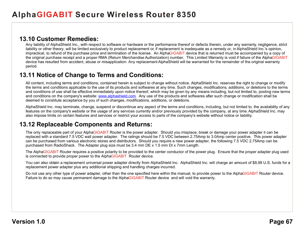 AlphaShield 8350 user manual Customer Remedies, Replaceable Components and Returns 