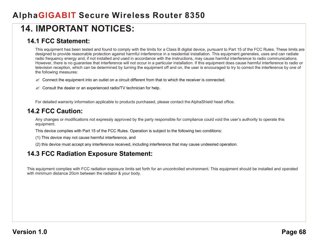 AlphaShield 8350 user manual FCC Statement, FCC Caution, FCC Radiation Exposure Statement 