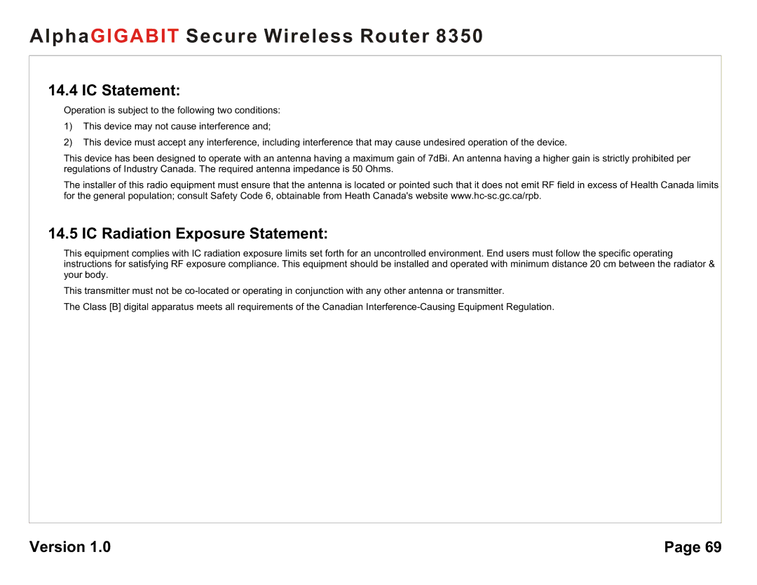 AlphaShield 8350 user manual IC Statement, IC Radiation Exposure Statement 