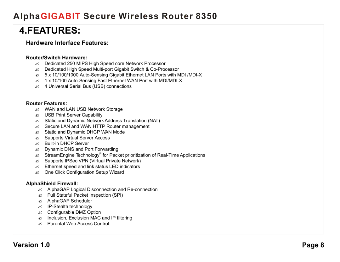 AlphaShield 8350 user manual Router/Switch Hardware, Router Features, AlphaShield Firewall 