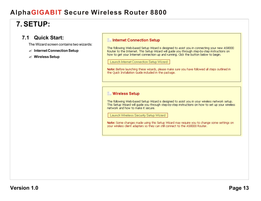 AlphaShield 8800 user manual Quick Start, ? Internet Connection Setup ? Wireless Setup 