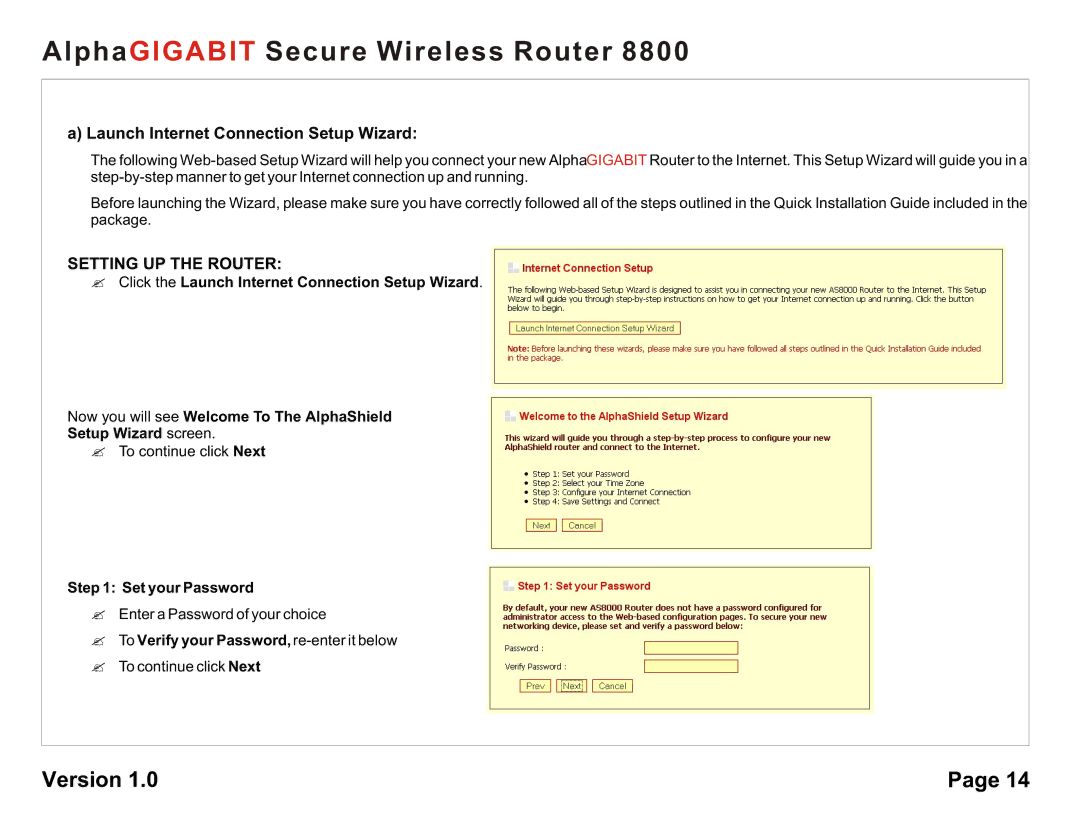 AlphaShield 8800 Launch Internet Connection Setup Wizard, Set your Password, ? To Verify your Password, re-enter it below 