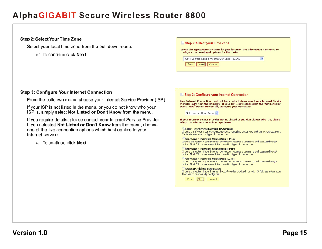 AlphaShield 8800 user manual Select Your Time Zone, Configure Your Internet Connection 