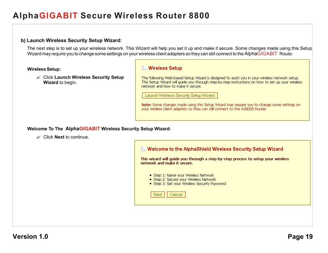 AlphaShield 8800 user manual Launch Wireless Security Setup Wizard 