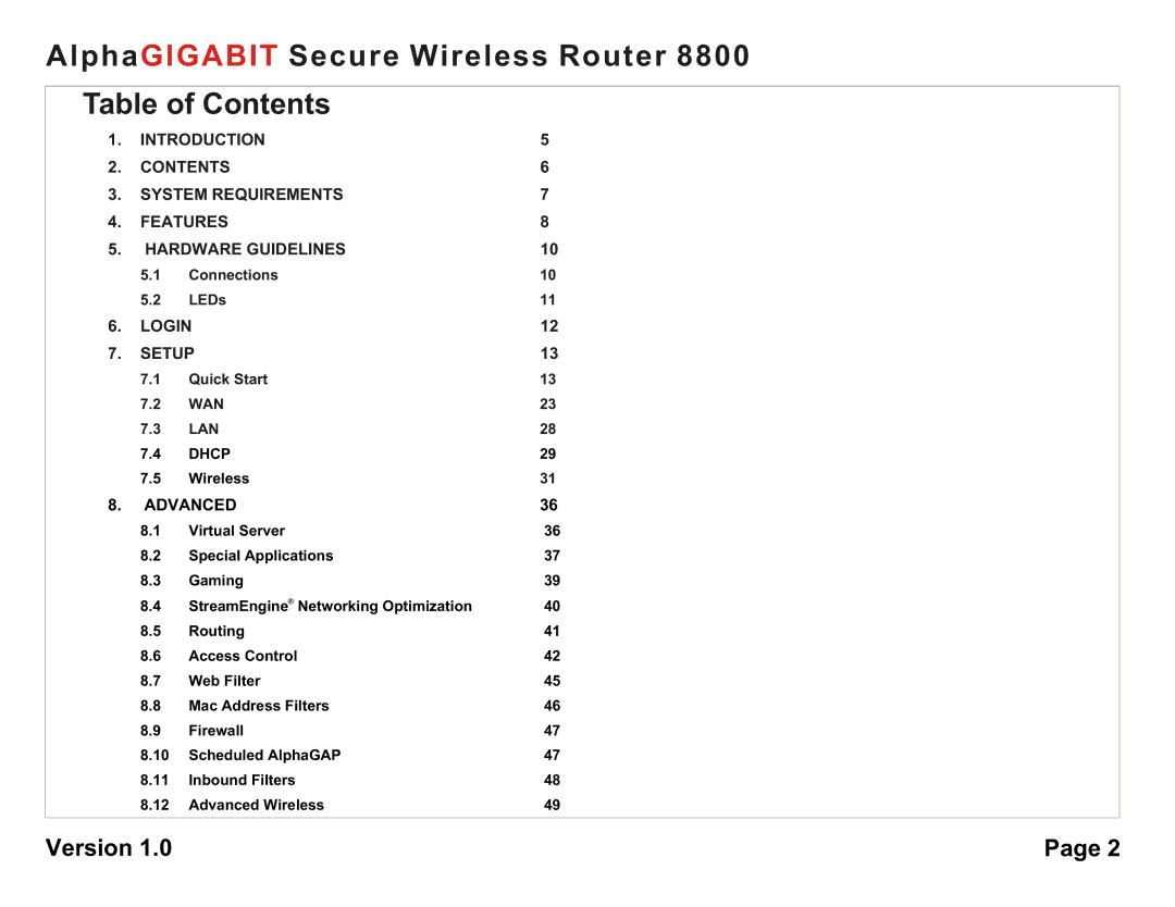 AlphaShield 8800 user manual AlphaGIGABIT Secure Wireless Router Table of Contents 