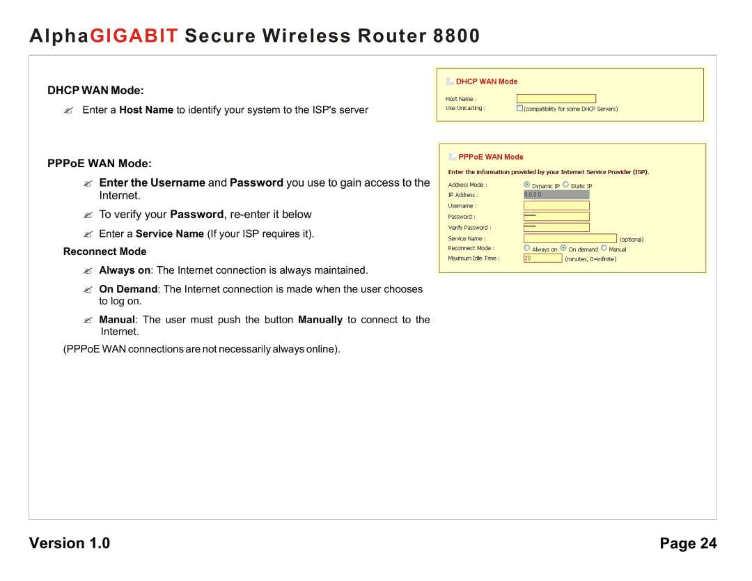 AlphaShield 8800 user manual Dhcp WAN Mode, PPPoE WAN Mode, Reconnect Mode 