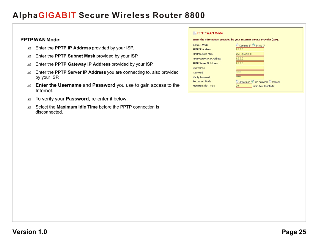 AlphaShield 8800 user manual Pptp WAN Mode 