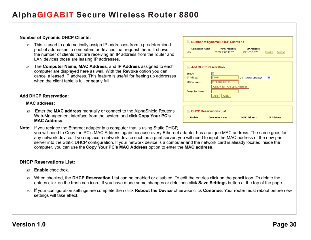 AlphaShield 8800 user manual Dhcp Reservations List, Number of Dynamic Dhcp Clients 