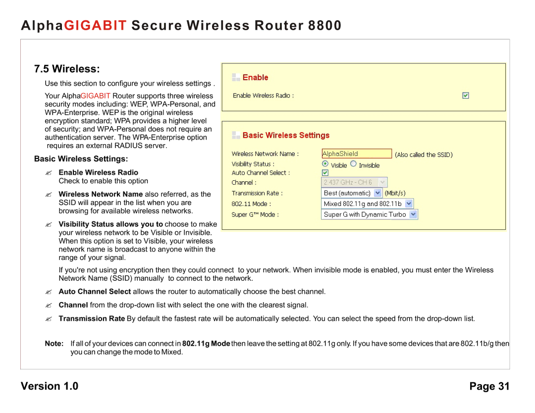 AlphaShield 8800 user manual Basic Wireless Settings 