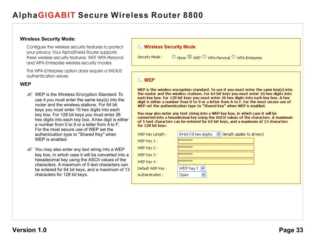 AlphaShield 8800 user manual Wireless Security Mode, Wep 