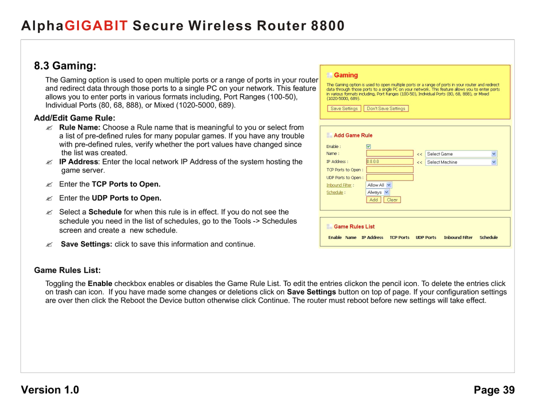 AlphaShield 8800 Gaming, Add/Edit Game Rule, Game Rules List, ? Enter the TCP Ports to Open ? Enter the UDP Ports to Open 