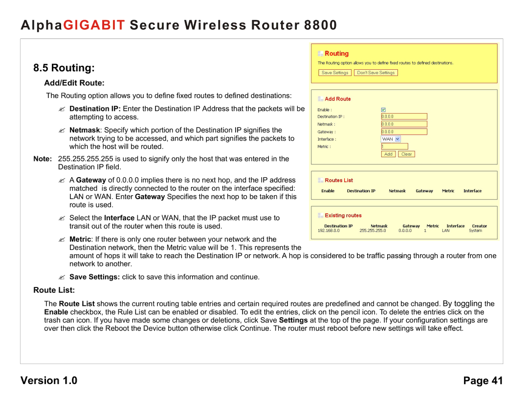 AlphaShield 8800 user manual Routing, Add/Edit Route, Route List 