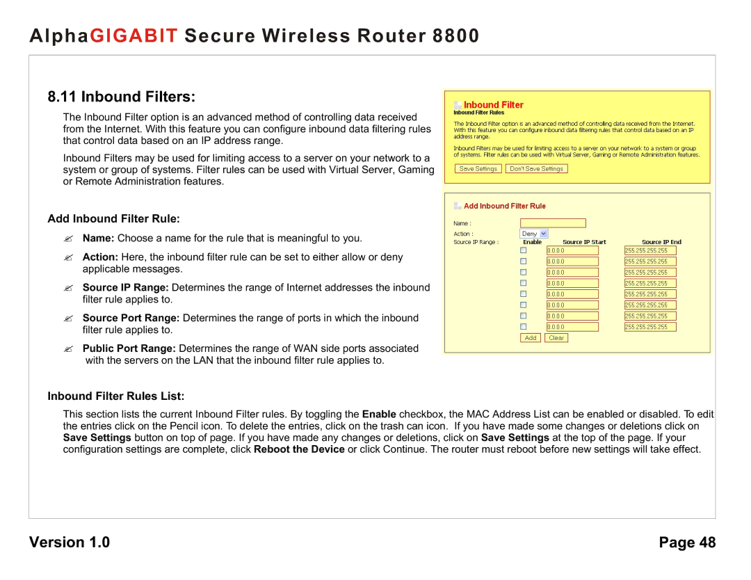 AlphaShield 8800 user manual Inbound Filters, Add Inbound Filter Rule, Inbound Filter Rules List 