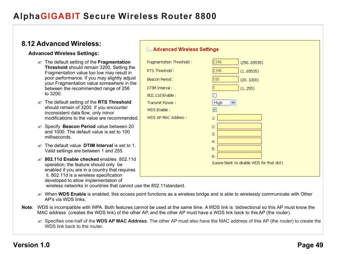 AlphaShield 8800 user manual Advanced Wireless Settings 