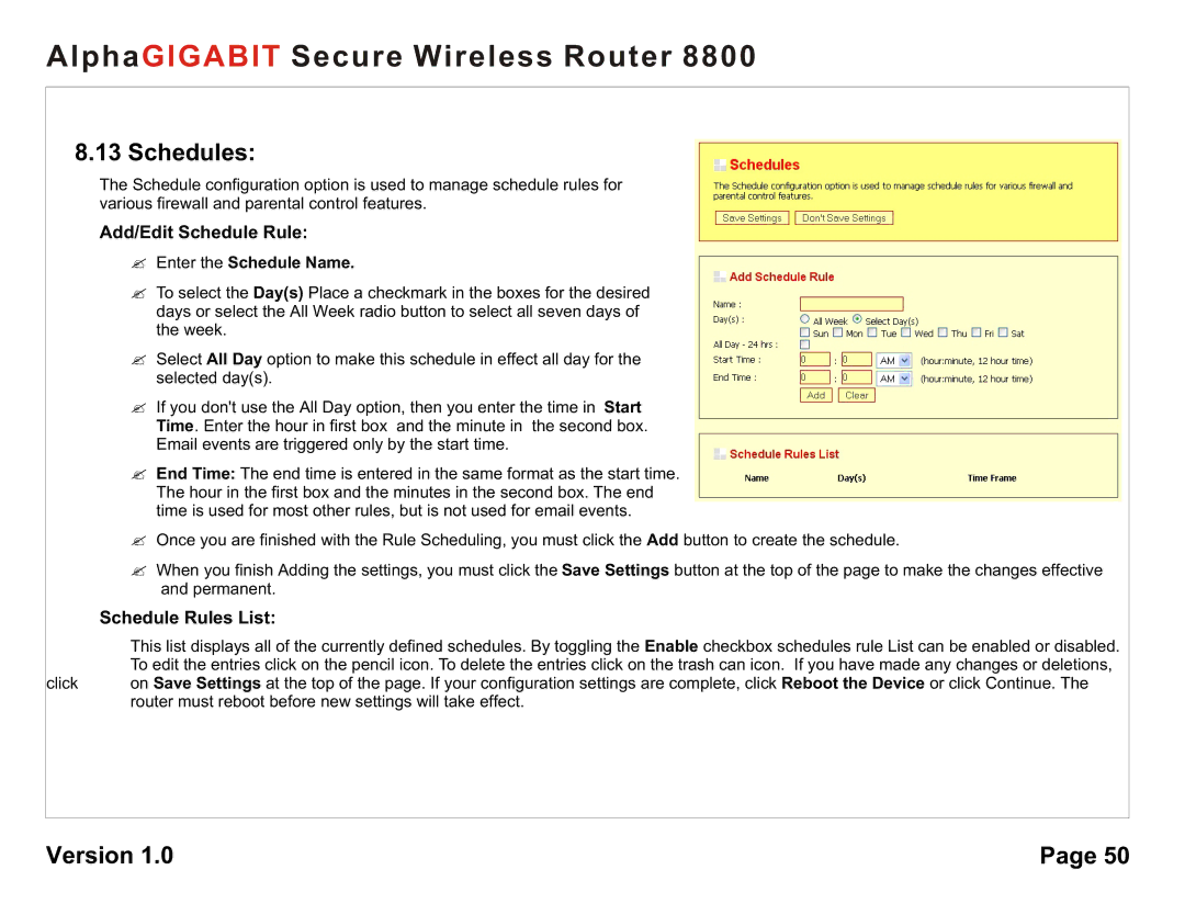 AlphaShield 8800 user manual Schedules, Add/Edit Schedule Rule, Schedule Rules List, ? Enter the Schedule Name 