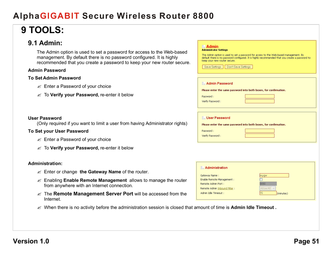 AlphaShield 8800 user manual Tools, Admin 