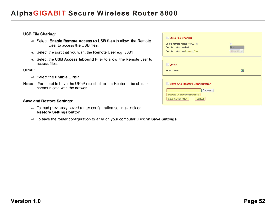 AlphaShield 8800 user manual UPnP, Save and Restore Settings, Restore Settings button 